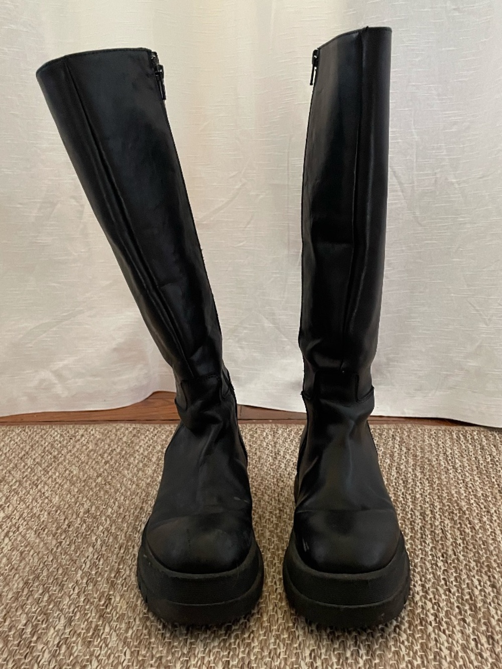 Black Leather Platform Knee High Boots